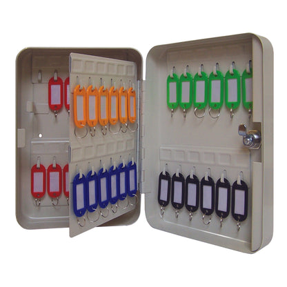 Open key cabinet displaying assorted colored key tags in red, orange, blue, green, and black, with numbered stickers for organization, mounted on grey interior panels.