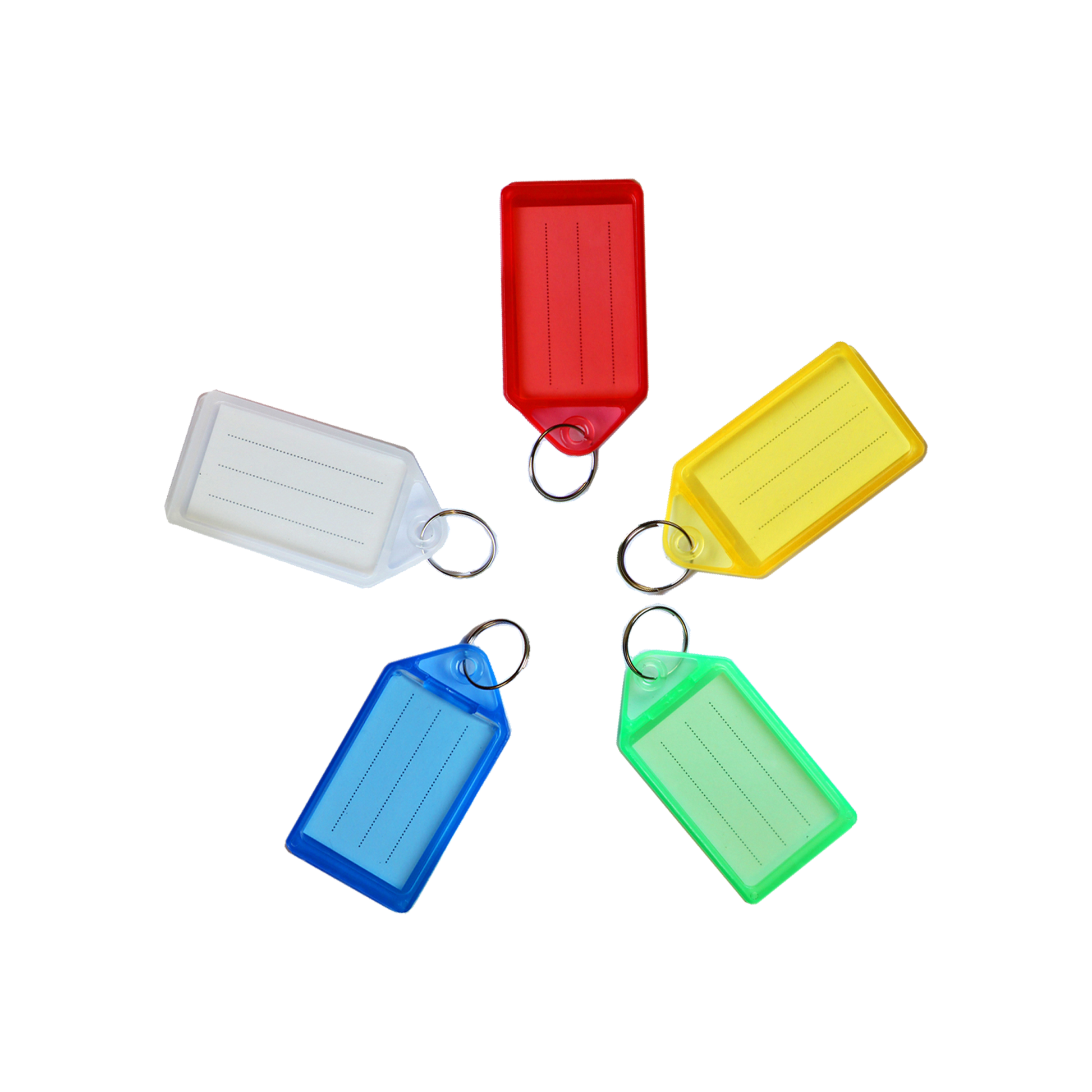 An assortment of large sliding key tags in various colors, including red, yellow, green, blue, and white, each with a paper insert for labeling and a metal key ring for attachment.