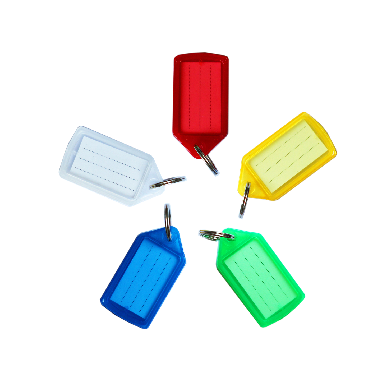 An assortment of colourful small sliding key tags with metal rings, displayed against a white background. The tags are in red, yellow, green, blue, and clear, each with a paper insert for labelling.