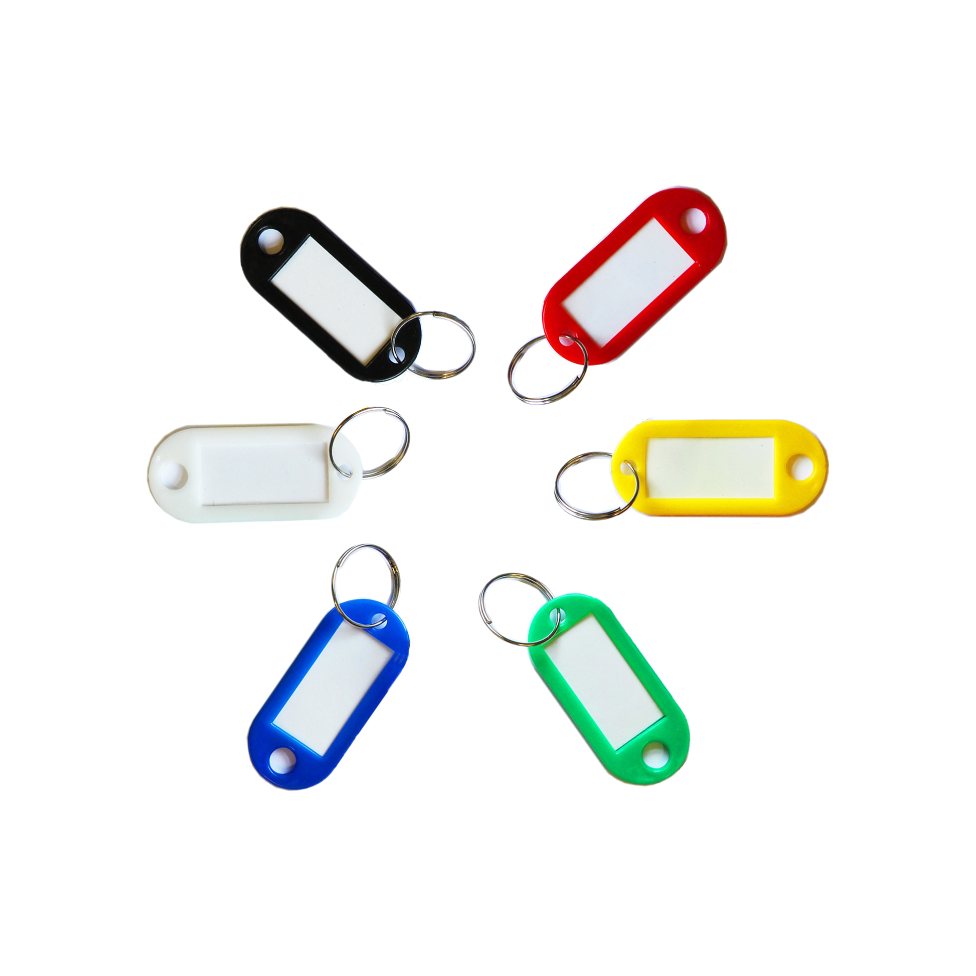 An assortment of colourful sliding key tags with metal rings, displayed against a white background. The tags are in red, yellow, green, blue, white, and black each with a paper insert for labelling.