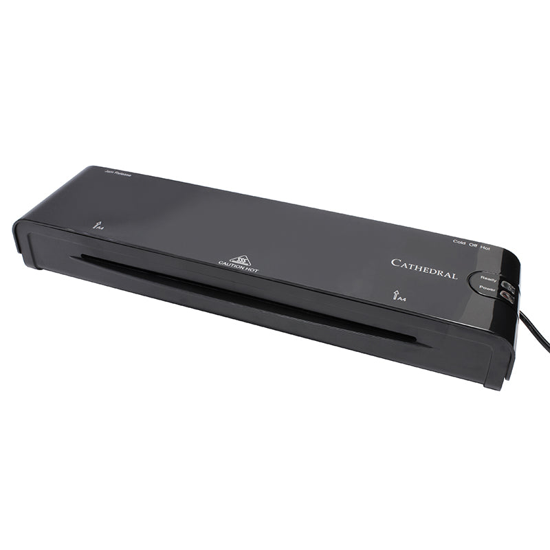 Black Cathedral A4 laminator with fast warm-up and jam release features, showcasing a sleek design that accommodates A4 size documents for home or office laminating needs.