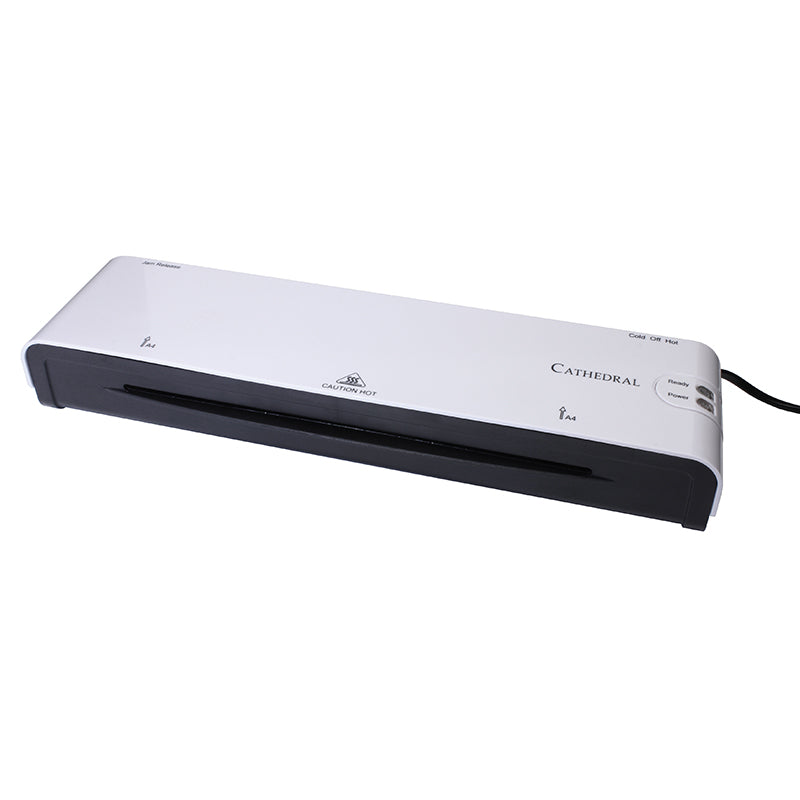 White Cathedral Products A4 laminator with fast warm-up and jam release features, showcasing a sleek design that accommodates A4 size documents for home or office laminating needs.