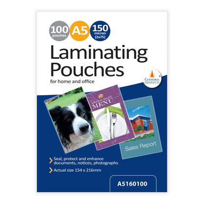 Package of Cathedral Products A5 gloss laminating pouches, 150 micron thickness, showing 100 pouches suitable for documents, notices, and photographs, with examples of a laminated dog photo, restaurant menu, and sales report on the front.