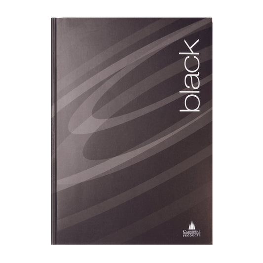 A sleek A4 black hardcover notebook with an abstract wavy design on the cover, featuring the word 'black' in lowercase white font and the logo of Cathedral Products at the bottom.