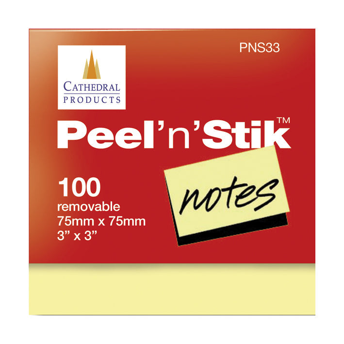 Packaged Cathedral Products Peel'n'Stik Notes showing plastic wrap with a bold red colour, and a window at the bottom to display the yellow colour of the sticky note pad. The packaging highlights the product details '100 removable notes, 75mm x 75mm, 3" x 3"' against the vibrant background.
