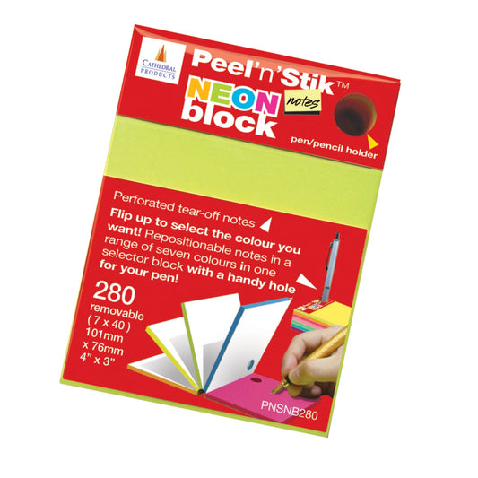 Cathedral Products Peel’n’Stik NEON block notes in a vibrant magic cube design, featuring 280 repositionable perforated tear-off notes, 101mm x 76mm each. The packaging emphasizes the variety with seven selectable neon colors and includes a pen/pencil holder for added convenience.