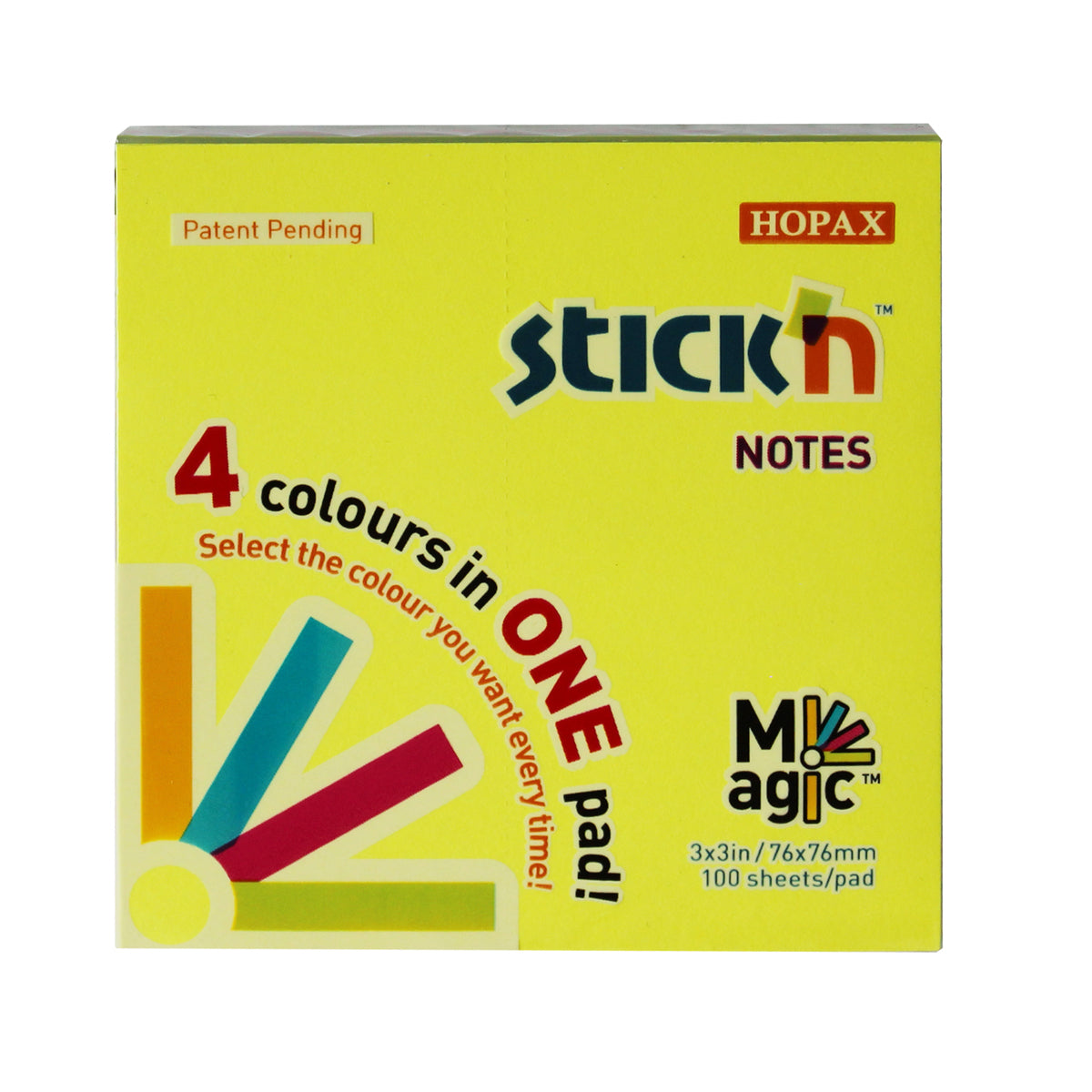 Packaged Stick'n Notes Magic Pad, with the text '4 colours in ONE pad' and the product name. It specifies the pad size as 3x3in (76x76mm) with 100 sheets per pad, and the logo 'HOPAX' in white with a red background.