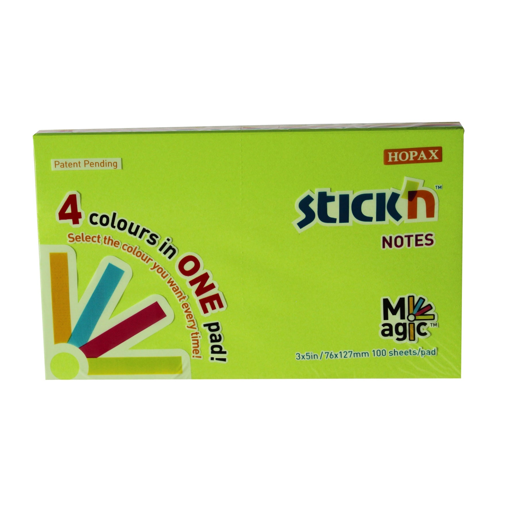 Packaged Stick'n Notes Magic Pad, with the text '4 colours in ONE pad' and the product name. It specifies the pad size as 3x5in (76x127mm) with 100 sheets per pad, and the logo 'HOPAX' in white with a red background.