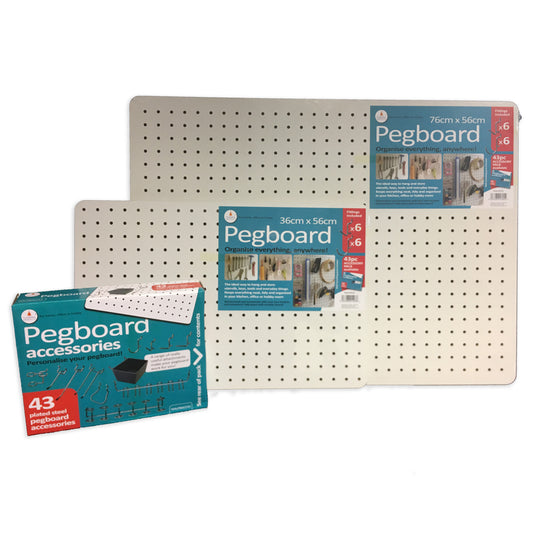 A pegboard bundle including two white pegboards of sizes 76x56cm and 36x56cm, plus a 'Pegboard accessories' pack with 43 pieces. The package highlights the product's organizational utility with images and text stating 'Organise everything, anywhere!'.