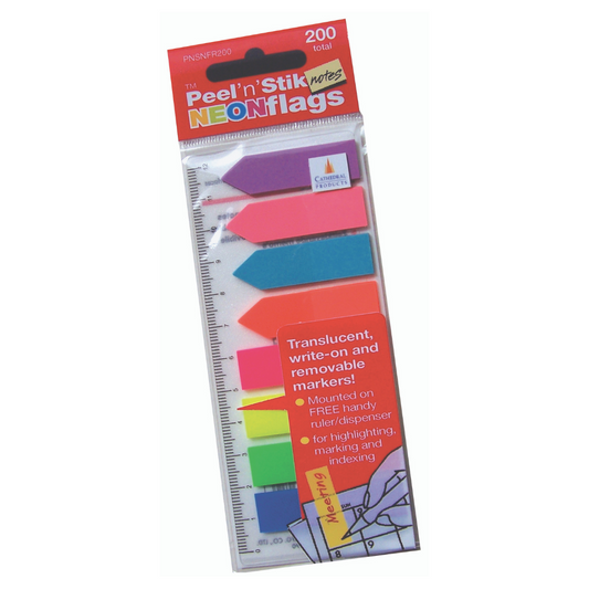 Cathedral Products Peel’n’Stick notes NEON flags pack, containing 200 translucent, repositionable neon index tabs, size 45mm x 12mm. The tabs are presented in a range of bright colors and mounted on a packaging with a ruler for easy measurement, suitable for highlighting, marking, and indexing.