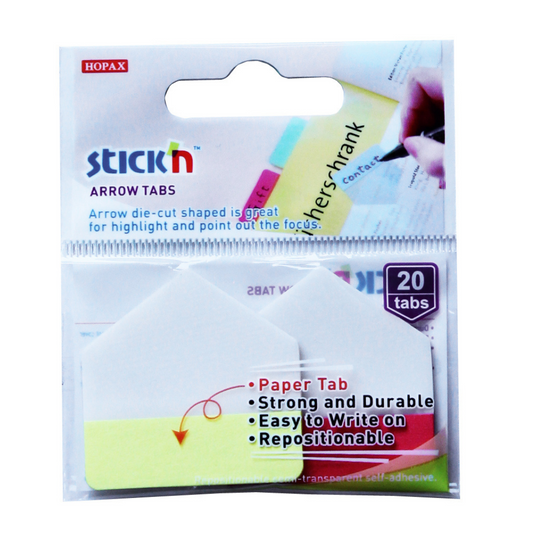 Packaging of Stick'n Repositionable Arrow Tabs, 38mm x 38mm, featuring 20 die-cut white arrow tabs. The pack highlights features such as 'Strong and Durable', 'Easy to Write on', and 'Repositionable', with an image showing a hand writing on a tab in the background.