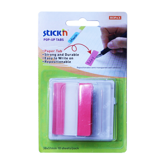 Blister packed Stick'n Pop-Up Tabs by HOPAX, featuring pink and white repositionable tabs displayed in front. The packaging has a clear visual of a hand writing on a tab with descriptors like 'Paper Tab,' 'Strong and Durable,' 'Easy to Write on,' and 'Repositionable.'
