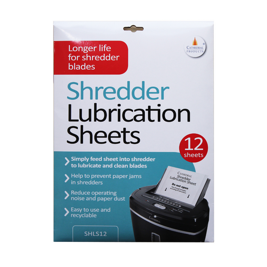 Packaging for a set of 12 Cathedral Products shredder lubrication sheets, designed to prolong the life of shredder blades. The front of the package lists benefits such as preventing paper jams, reducing noise and paper dust, and being easy to use and recyclable.