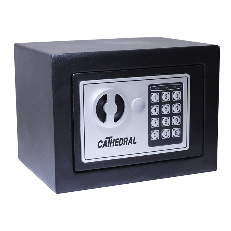 Cathedral Products EA15 5 Litre Electronic Digital Safe with manual override, featuring a numeric keypad, a release handle, and a turnkey lock under a dust cover. The safe has a solid black body with a contrasting silver panel, highlighting its modern security features for personal or office use.