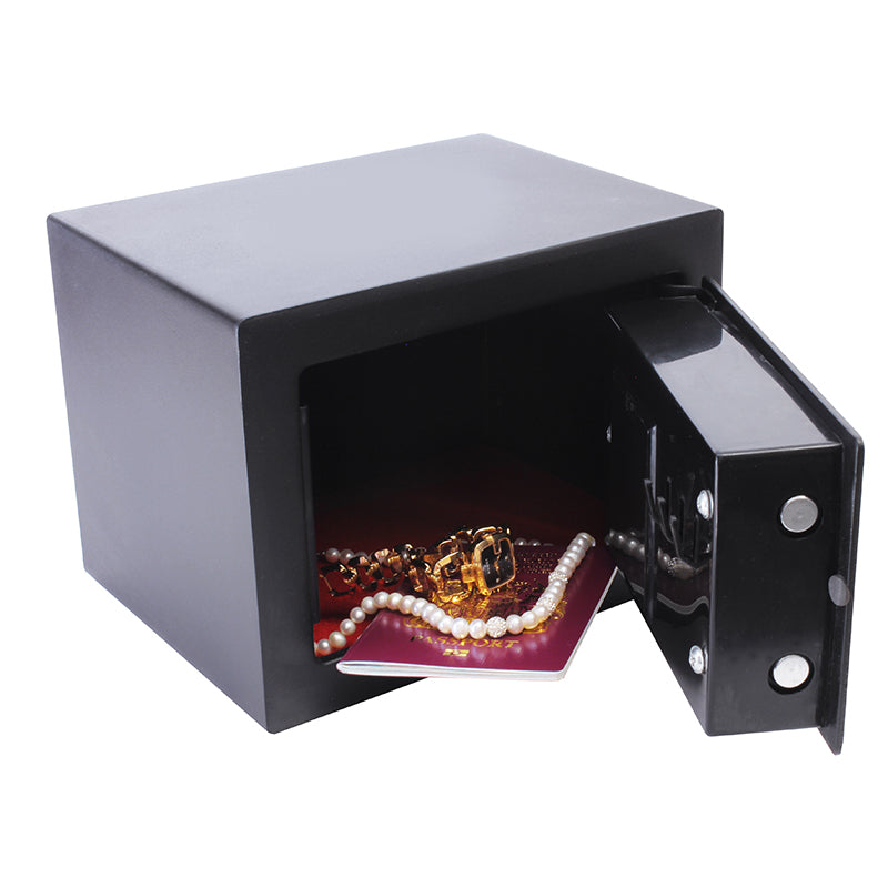 Open Cathedral Products EA15 5 Litre Electronic Digital Safe with manual override, revealing an assortment of jewelry including pearls and gold pieces. The image depicts the safe as an ideal secure storage solution for valuable personal items.