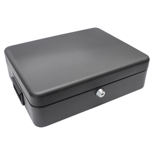 A closed, matte black security box with a smooth finish. The box features a front-mounted key lock and a matte black handle on one end for carrying. The design is sleek and simple, with clean lines and minimalistic features, suggesting security and portability.