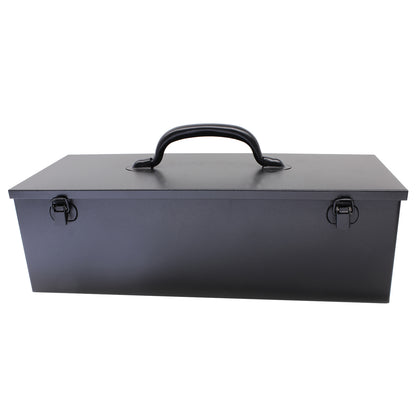 A classic matte black multi-use hobby and tool box with a double toggle closure and steel fold down handle isolated on a white background.