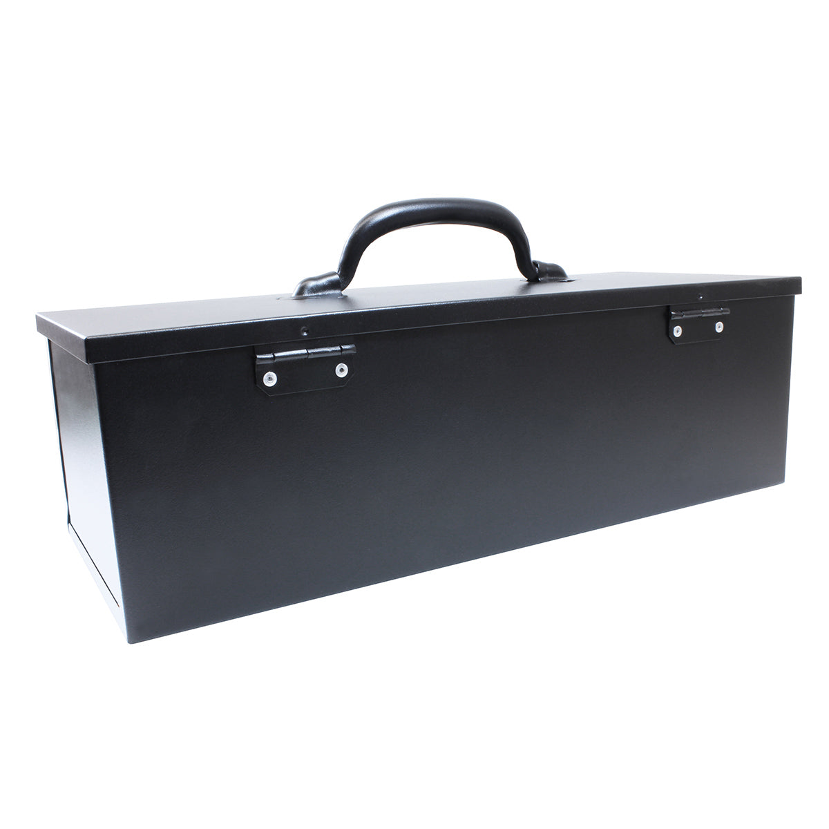 The rear of a classic matte black multi-use hobby and tool box, showing sturdily riveted hinges, as well as fold down steel handle, isolated on a white background.