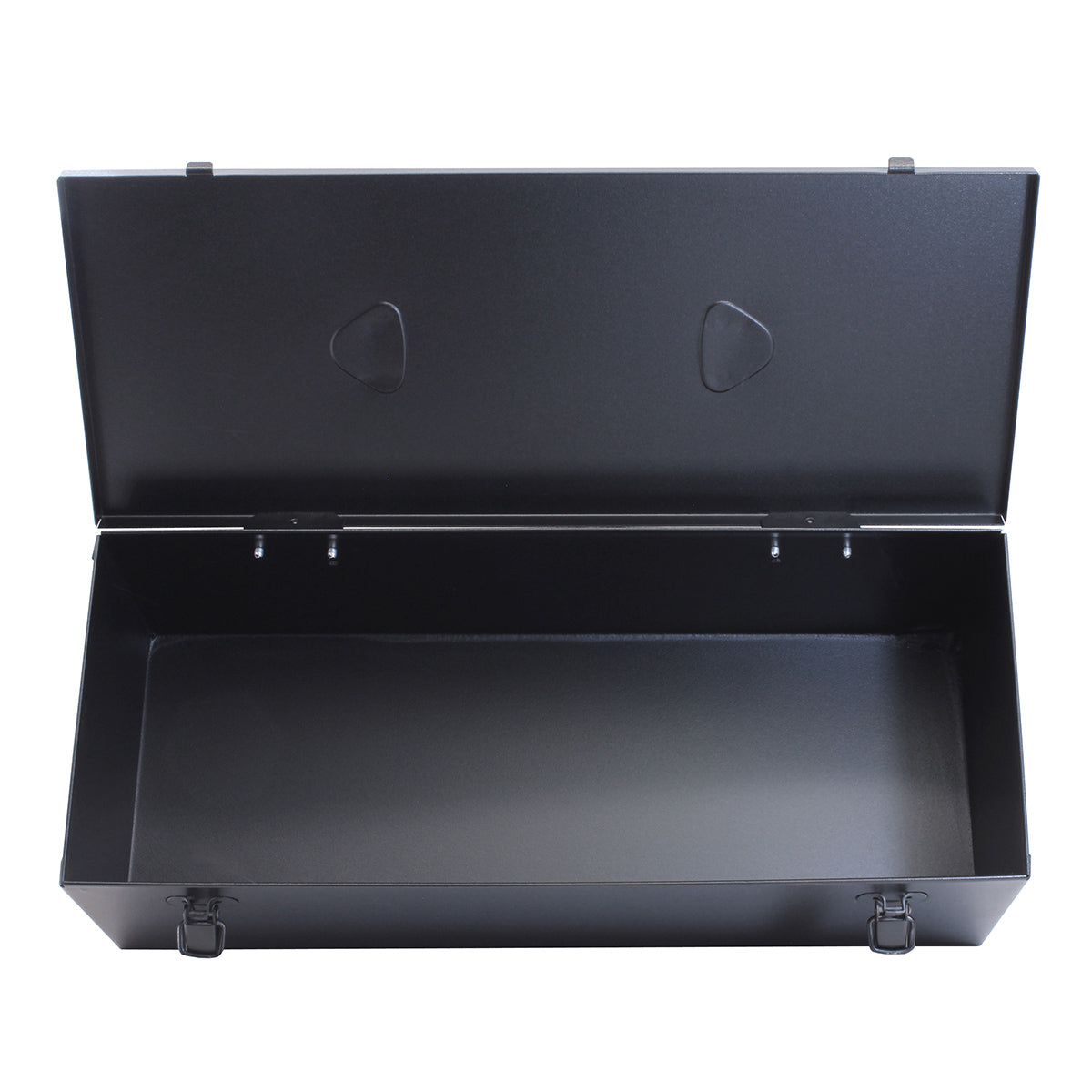 An open matte black hobby and tool box with a spacious interior and double toggle latches on the front of the box, displayed against a white background.