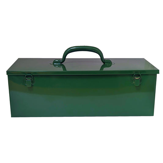 A classic British racing green multi-use hobby and tool box with a double toggle closure and steel fold down handle isolated on a white background.