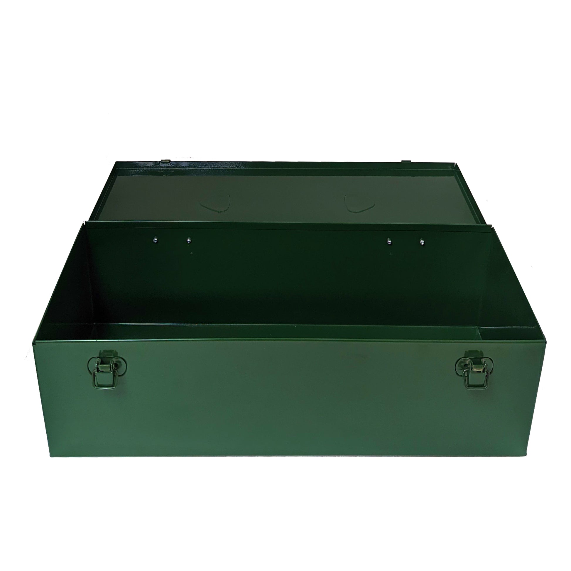 An open British racing green hobby and tool box with a spacious interior and double toggle latches on the front of the box, displayed against a white background.