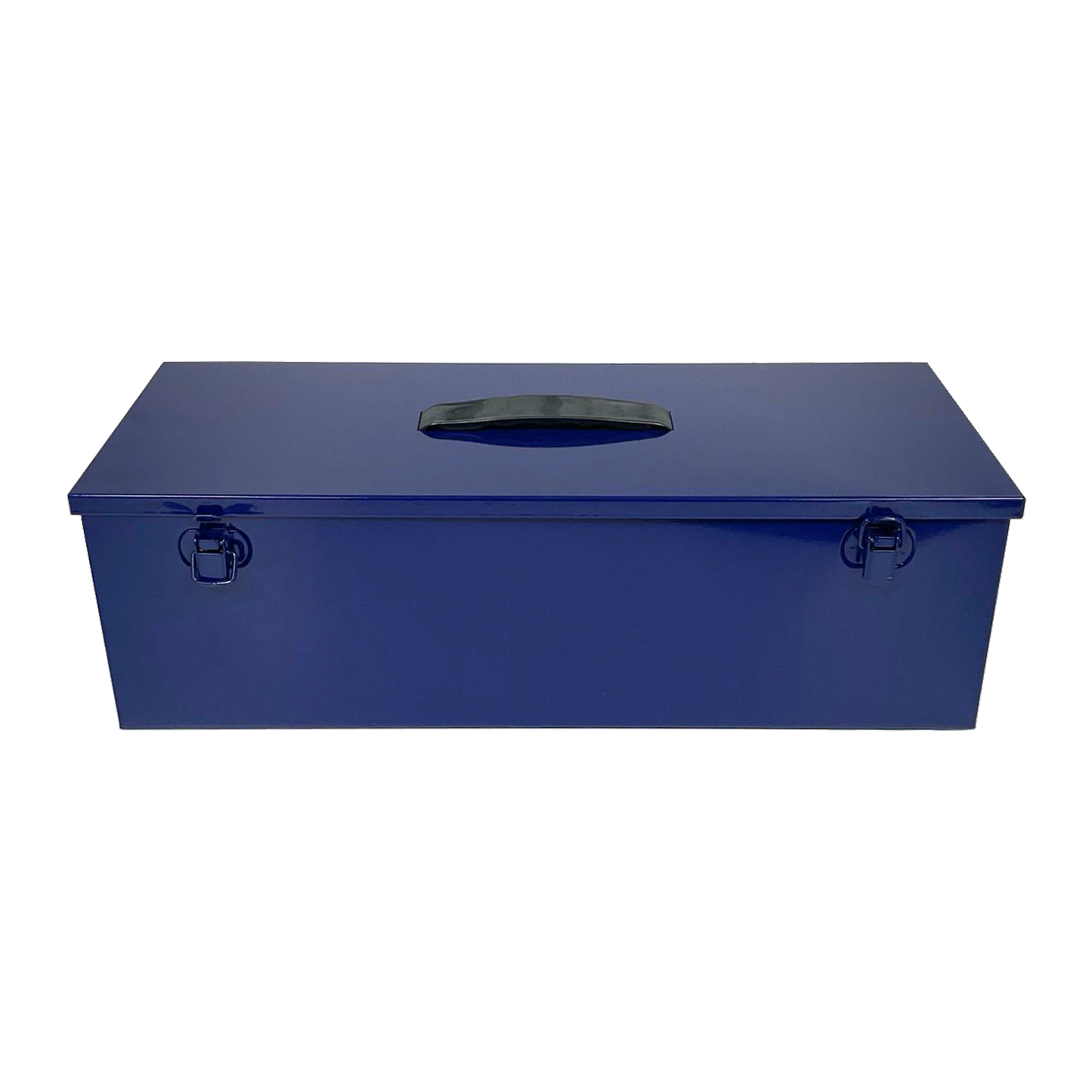 A blue multi-use hobby and tool box featuring a sleek design with a fold down black plastic carrying handle and double toggle closure, isolated on a white background.