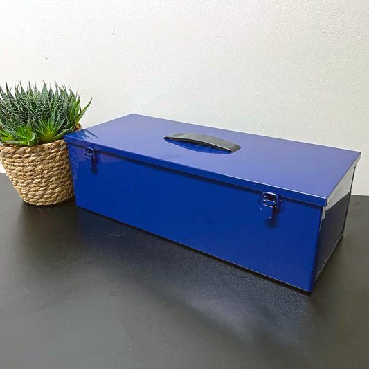 A vibrant blue multi-use hobby and tool box with a double toggle closure and black plastic fold down handle is placed on a dark table next to a potted succulent in a woven basket.