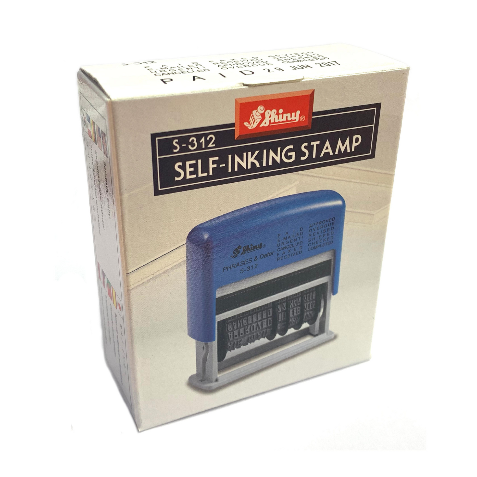 The packaging for a Shiny S-312 Self-Inking Stamp. The box is white with red and black text, and features an image of a blue and gray stamp on the front. The stamp's packaging lists several phrases like 'PAID', 'APPROVED', and 'E-MAILED' along the side, indicating the stamp's capabilities for office use.