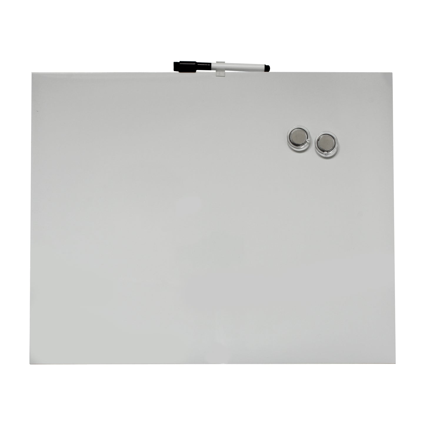 A blank frameless dry-erase board measuring 40 x 51 cm, with 2 transparent, round magnets and a marker with eraser in the lid clipped into mount at the top. The sleek, minimalist design makes it suitable for quick notes or reminders in a home, school, or office setting.