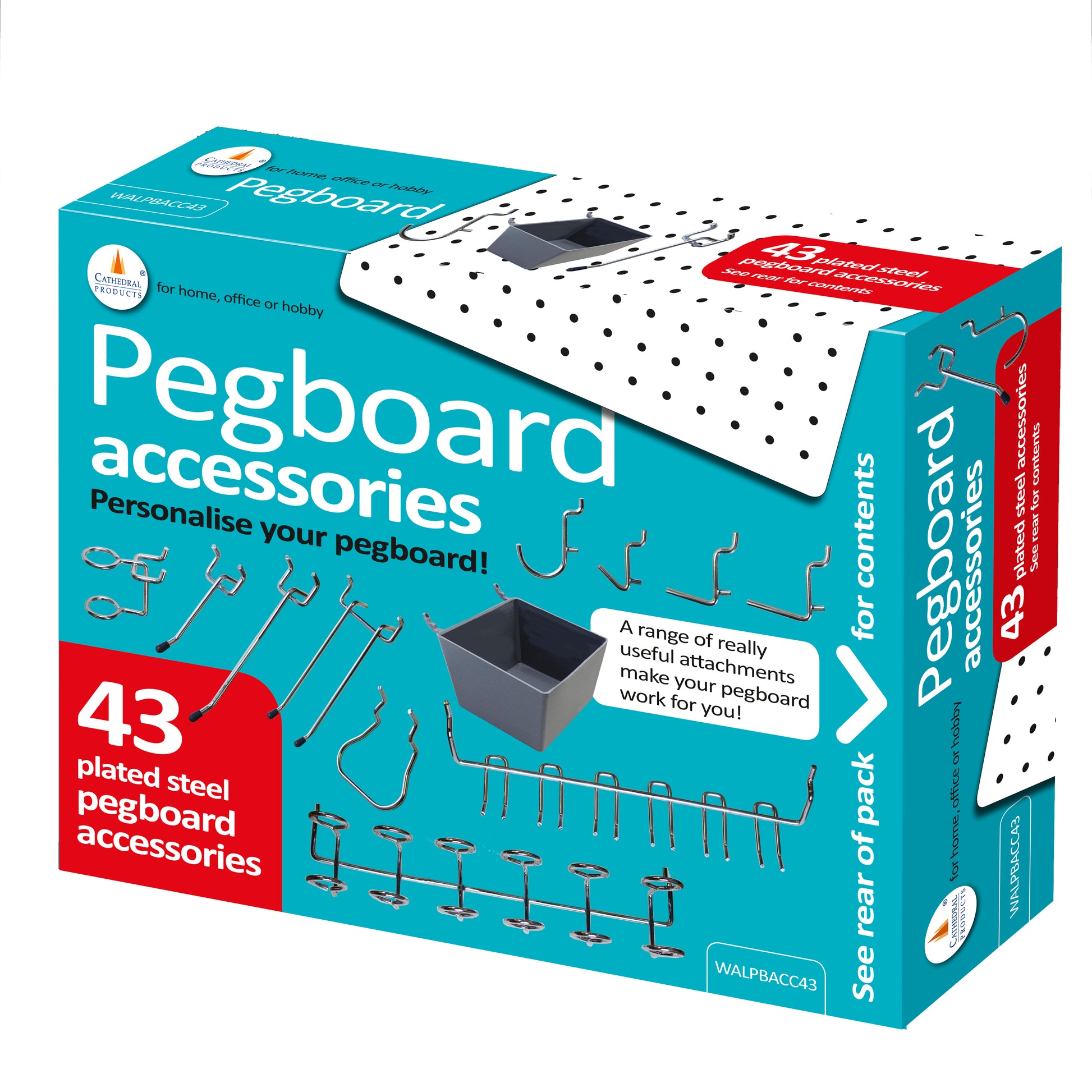 Packaging of Cathedral Products Pegboard Accessories set featuring 43 plated steel attachments, with images of various hooks and a gray bin, advertised for home or office pegboard customization.
