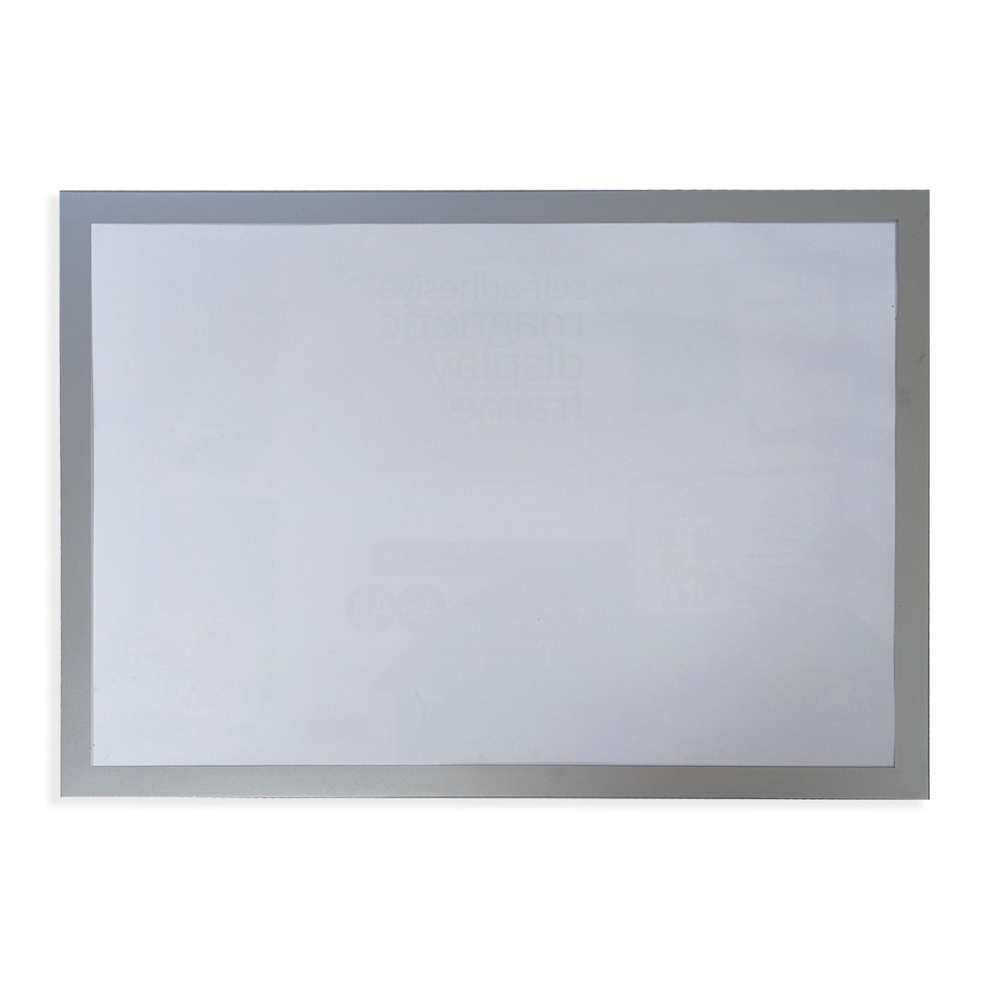A clear A3 self-adhesive magnetic display frame with a silver border, empty and ready for custom inserts. The translucent quality of the surface allows for easy viewing of documents or signs placed within.