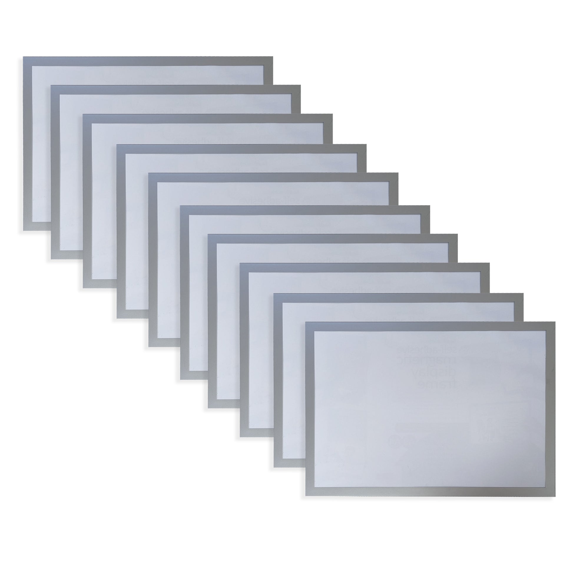 A stack of ten A3 self-adhesive magnetic display frames with translucent center and silver borders, displayed in a fan arrangement to show the multiple units included in the package.