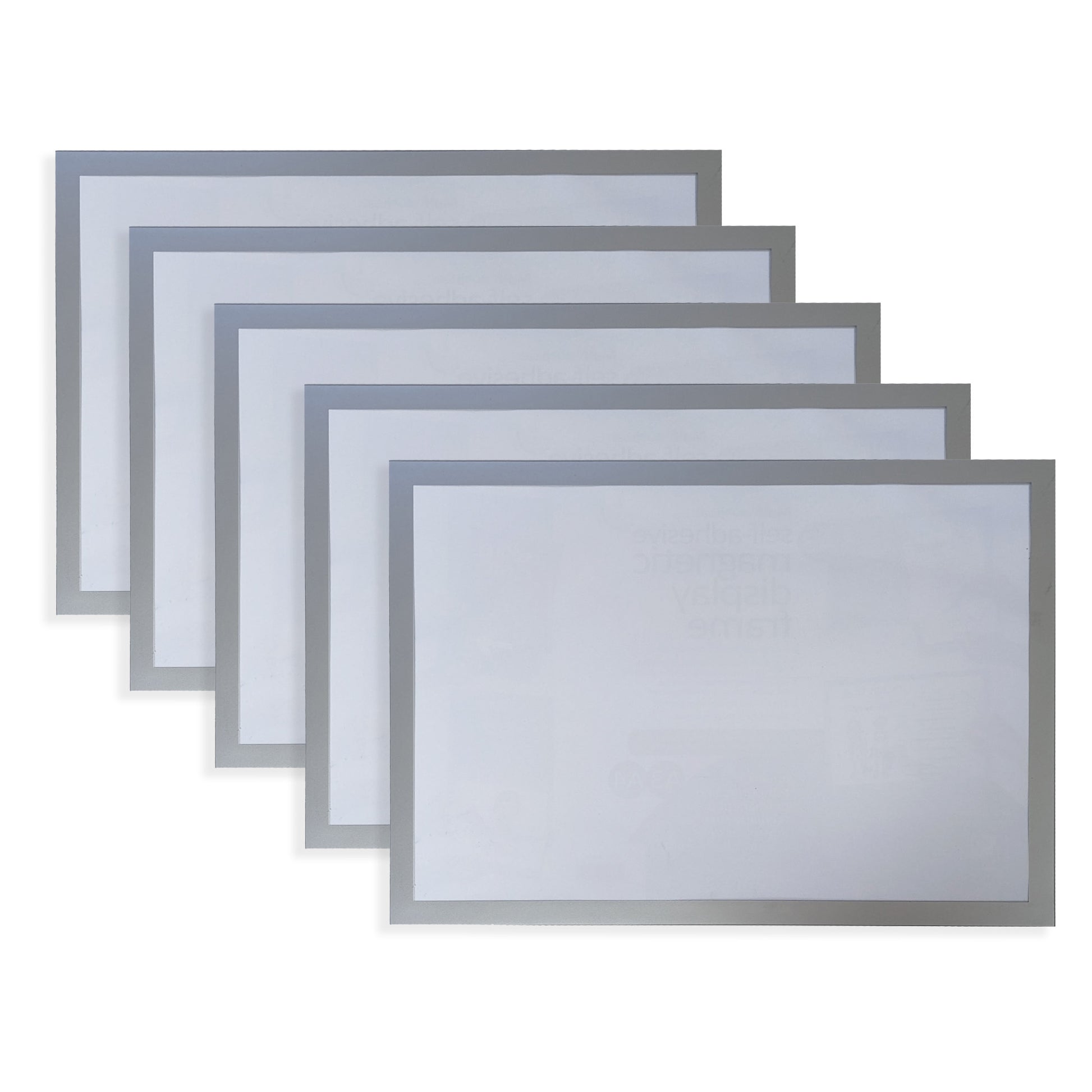 A stack of five A3 self-adhesive magnetic display frames with translucent center and silver borders, displayed in a fan arrangement to show the multiple units included in the package.