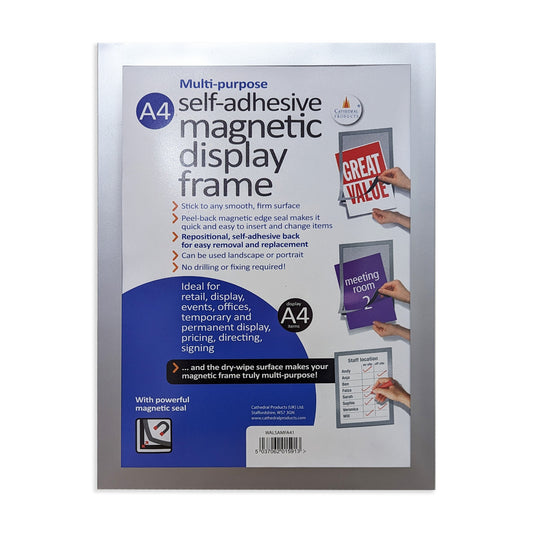 Packaging of a multi-purpose A4 self-adhesive magnetic display frame, highlighting its features such as easy stick to surfaces, quick insert and change of items, and repositionable adhesive back. The packaging shows the frame in use for a meeting room sign, to-do list, and point of sale display, emphasizing its versatility for home, office or retail use.