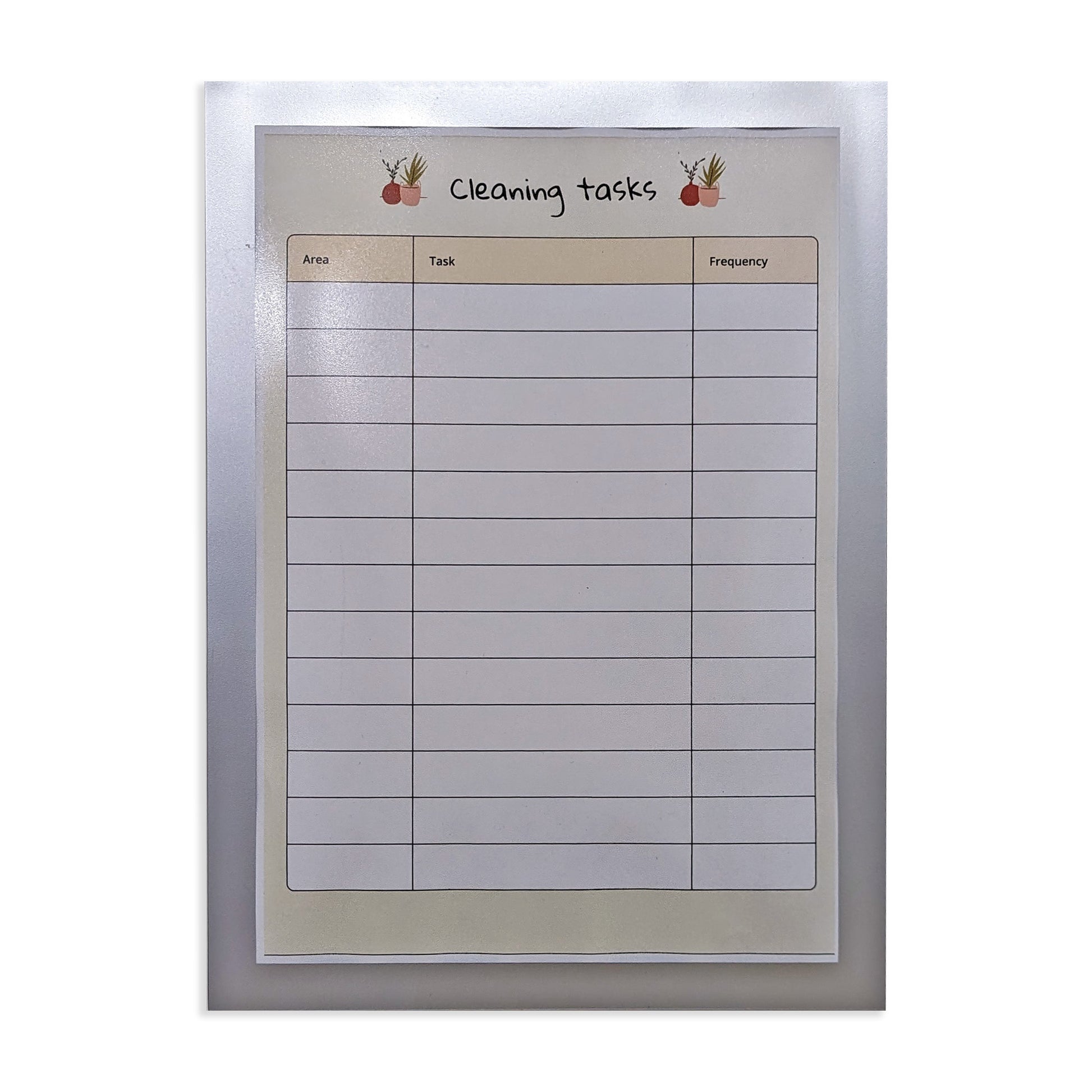 An A4 self-adhesive magnetic display frame mounted on a wall, containing a poster titled 'CLEANING TASKS', highlighting the frame's versatility for use at home or in an office or retail environment.