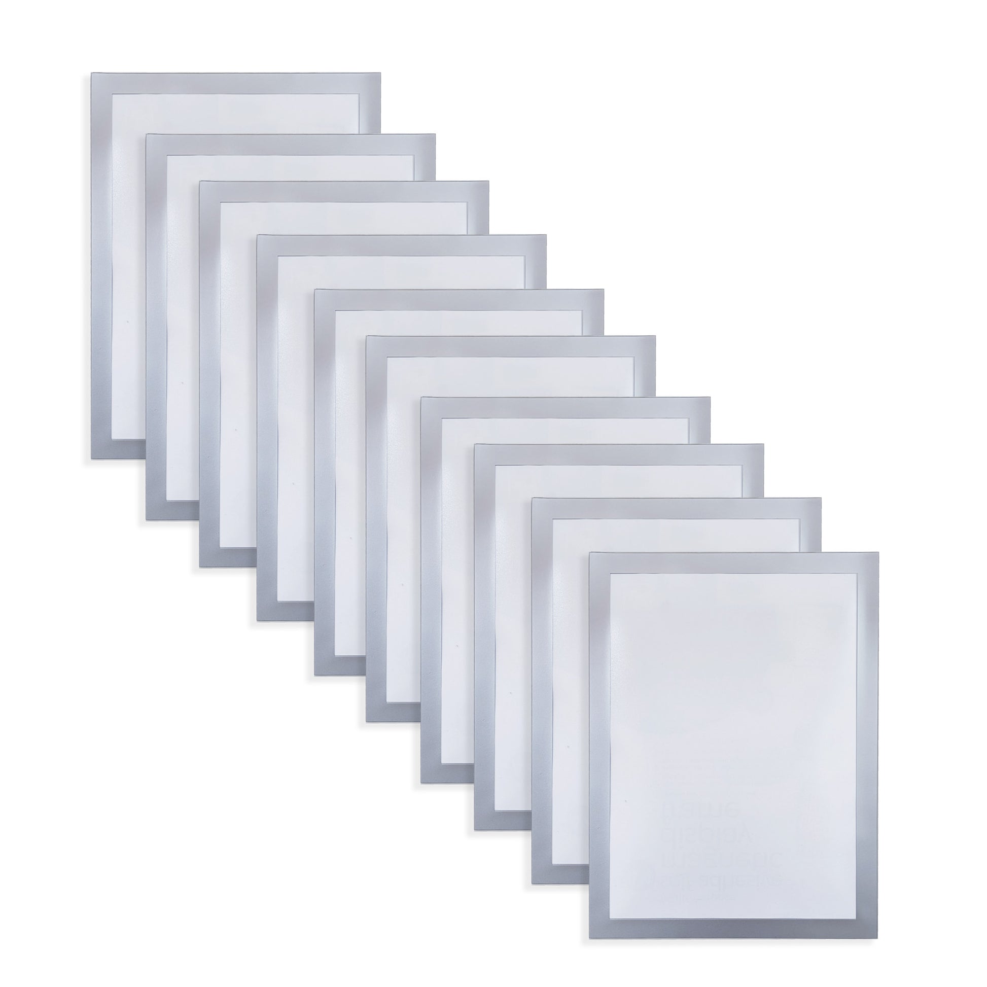A stack of ten A4 self-adhesive magnetic display frames with translucent center and silver borders, displayed in a fan arrangement to show the multiple units included in the package.