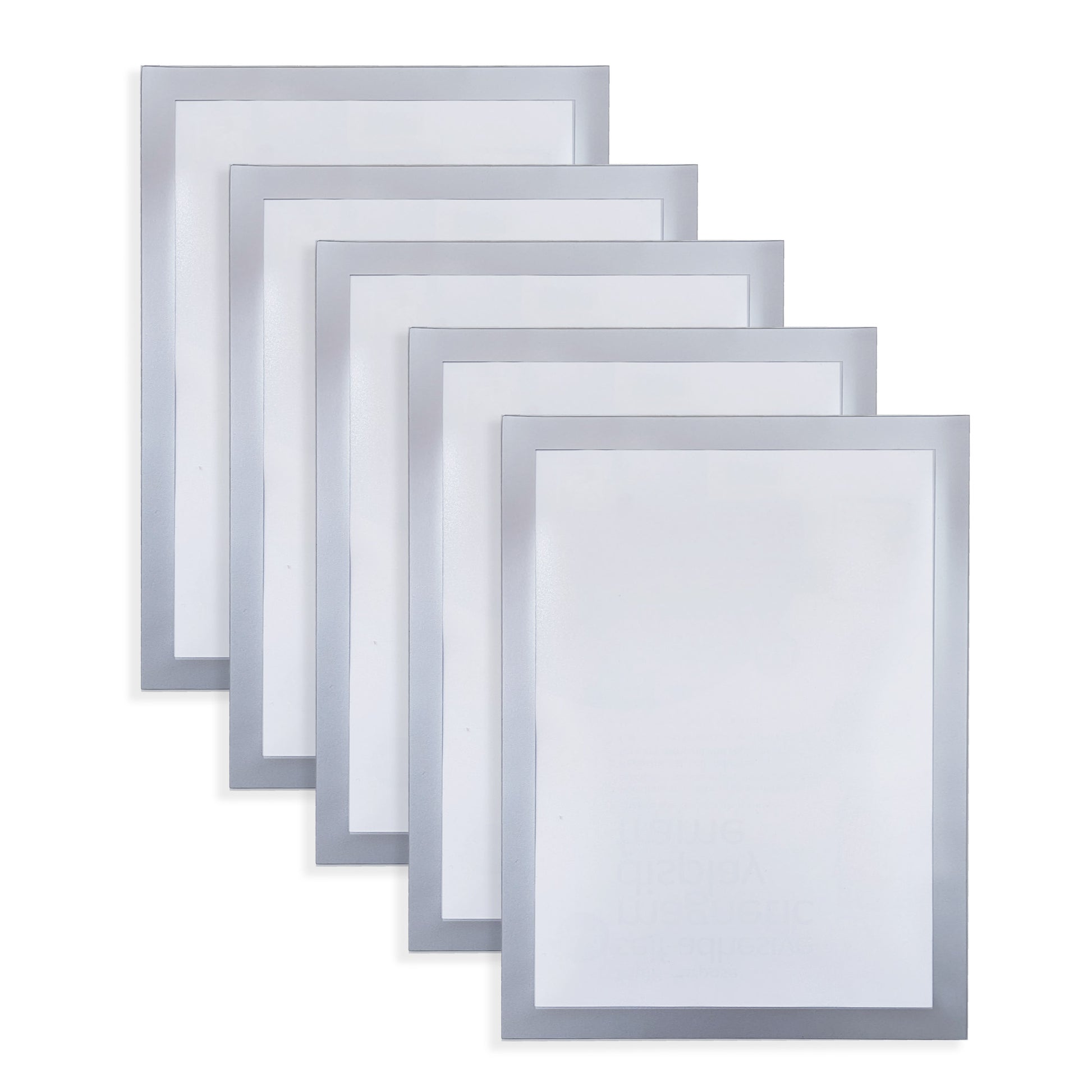 A stack of five A4 self-adhesive magnetic display frames with translucent center and silver borders, displayed in a fan arrangement to show the multiple units included in the package.