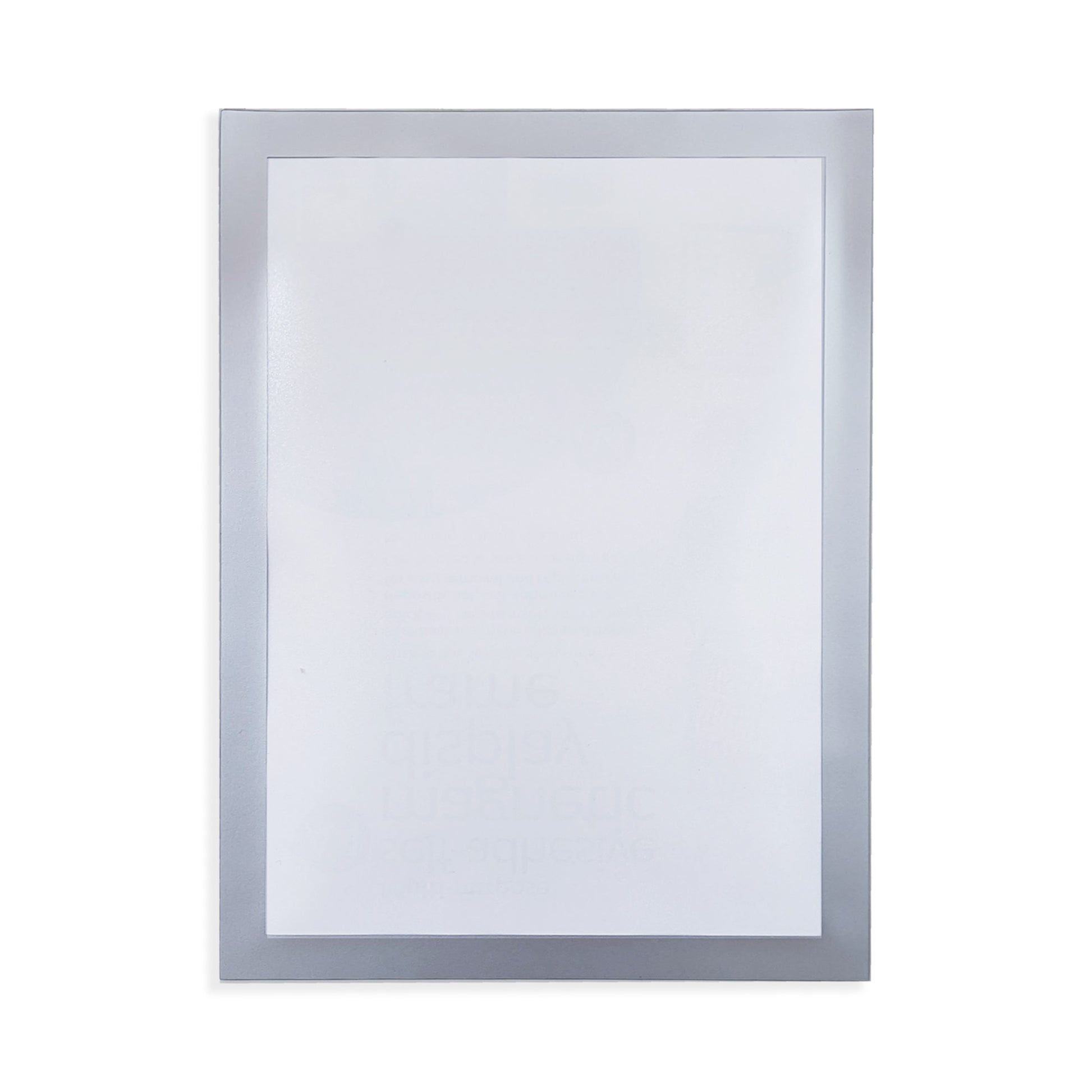A clear A4 self-adhesive magnetic display frame with a silver border, empty and ready for custom inserts. The translucent quality of the surface allows for easy viewing of documents or signs placed within.