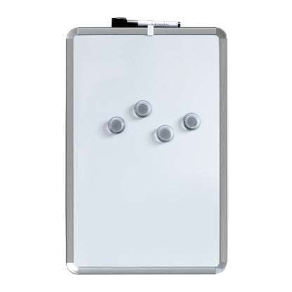 A sleek 28x43cm dry erase board with elegant chrome corners, equipped with a marker and five round transparent magnets, ready for notes and reminders.