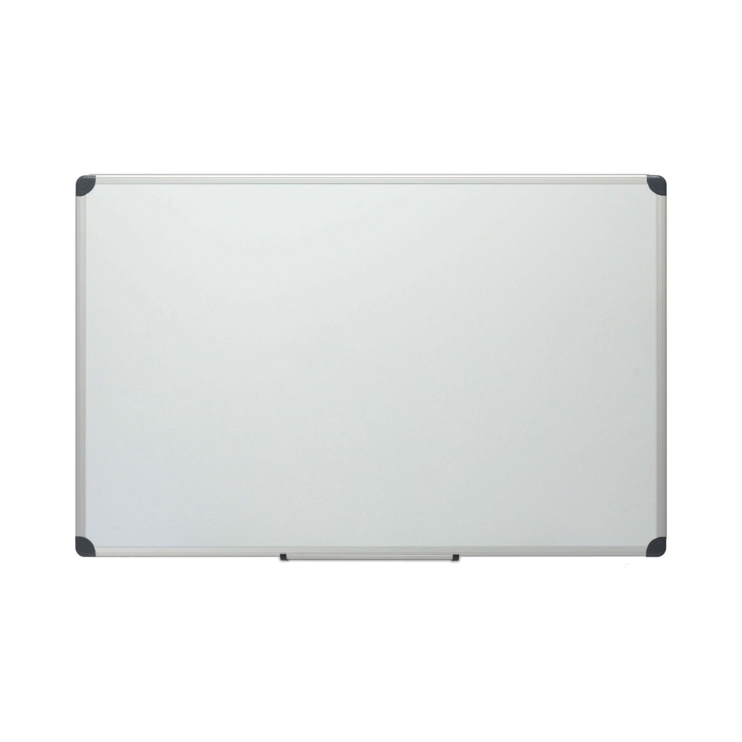 White magnetic dry-erase board with an aluminium frame and black plastic corners, featuring a marker tray at the bottom.