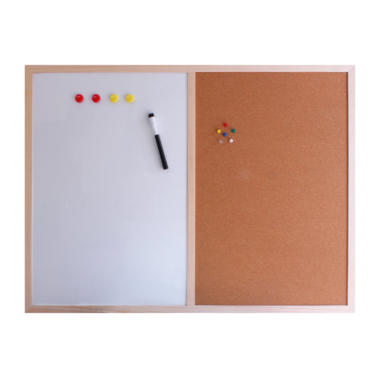 60x80cm combination noticeboard split into two sections with a dry erase board on the left, adorned with multicolored magnets and a marker, and a cork board on the right with a few pushpins, all within a light wooden frame.