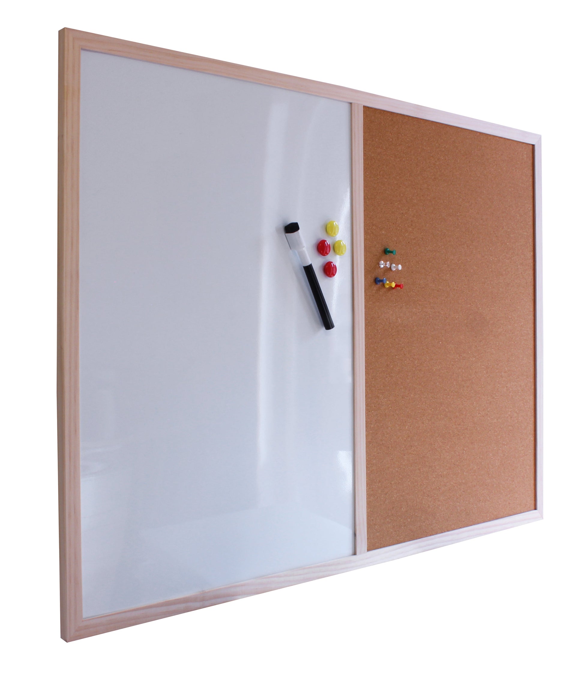 Angled view of a 60x80cm combination noticeboard, half white dry erase board with a black marker and colored magnets, and half cork board with pins, all encased in a light wooden frame against a white backdrop.