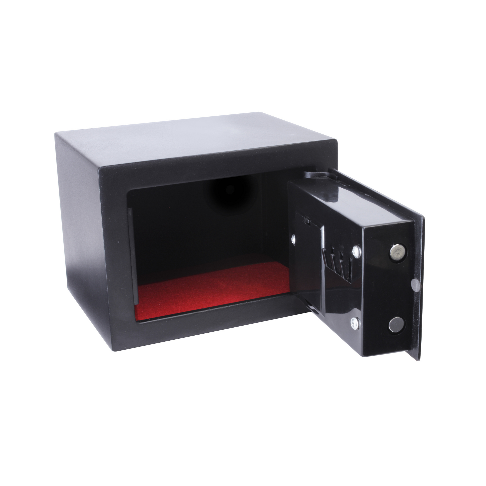 Cathedral Products EA15 5 Litre Electronic Digital Safe with an open door, showing an empty interior with a red velvet base. The image showcases the safe's robust black exterior and double locking bolts, suitable for safeguarding valuables at home or in the office.