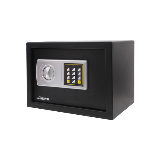 Cathedral Products EA25 16 Litre Electronic Digital Safe with manual override, featuring a numeric keypad, a release handle, and a turnkey lock under a dust cover. The safe has a solid black body with a contrasting silver panel, highlighting its modern security features for personal or office use.