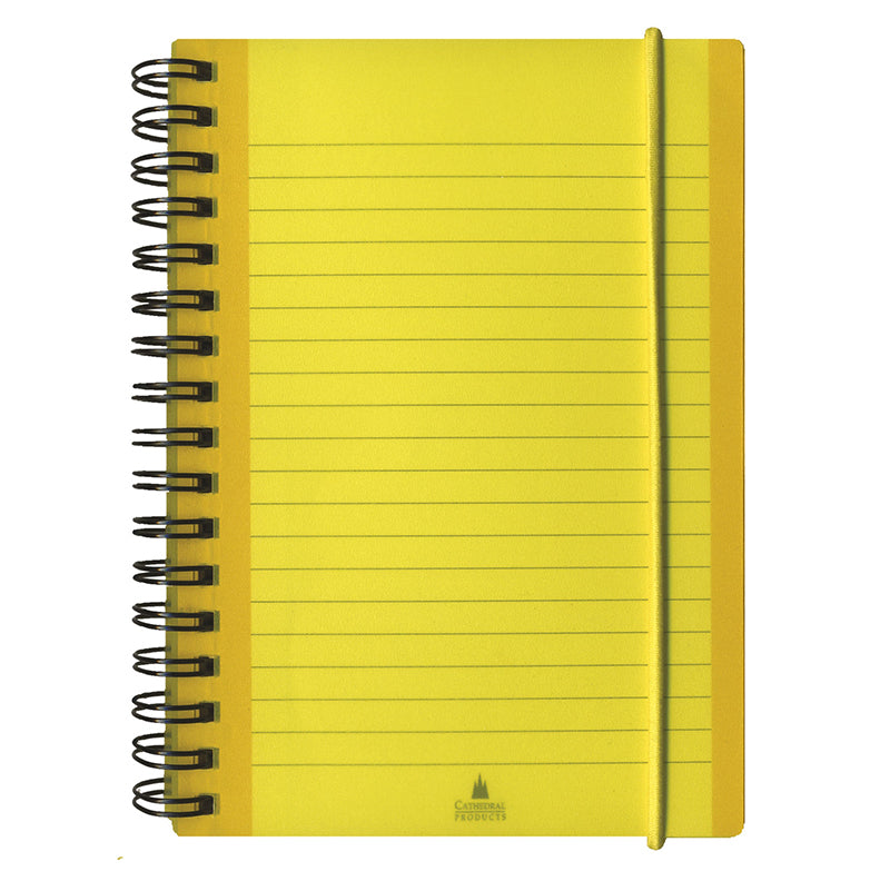 A vibrant yellow A6 notebook with black spiral binding and lined pages from Cathedral Products. The cover has a matching yellow elastic band for secure closing.