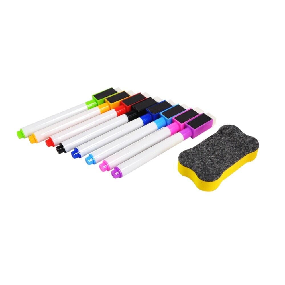 A set of colorful magnetic dry erase markers in various colors alongside a dual-textured eraser, on a white background, suitable for use with a magnetic dry erase board.
