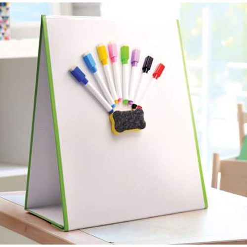 A3 magnetic dry erase easel on a tabletop with green edges, including colorful dry erase pens and a black and yellow eraser, displayed in a bright, natural light setting, perfect for classroom or home learning environments.