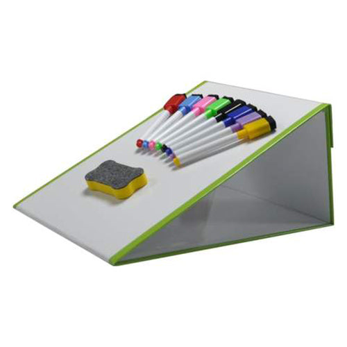 Angled view of an A3 magnetic dry erase easel set on a white surface, featuring a green border with a collection of vibrant markers and a two-tone eraser, ideal for interactive displays or creative expression.