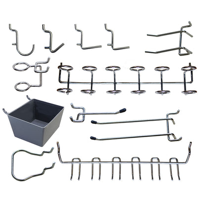 Assortment of metal display hooks of various shapes and sizes for pegboards, including straight, angled, and looped designs, along with a grey storage bin.